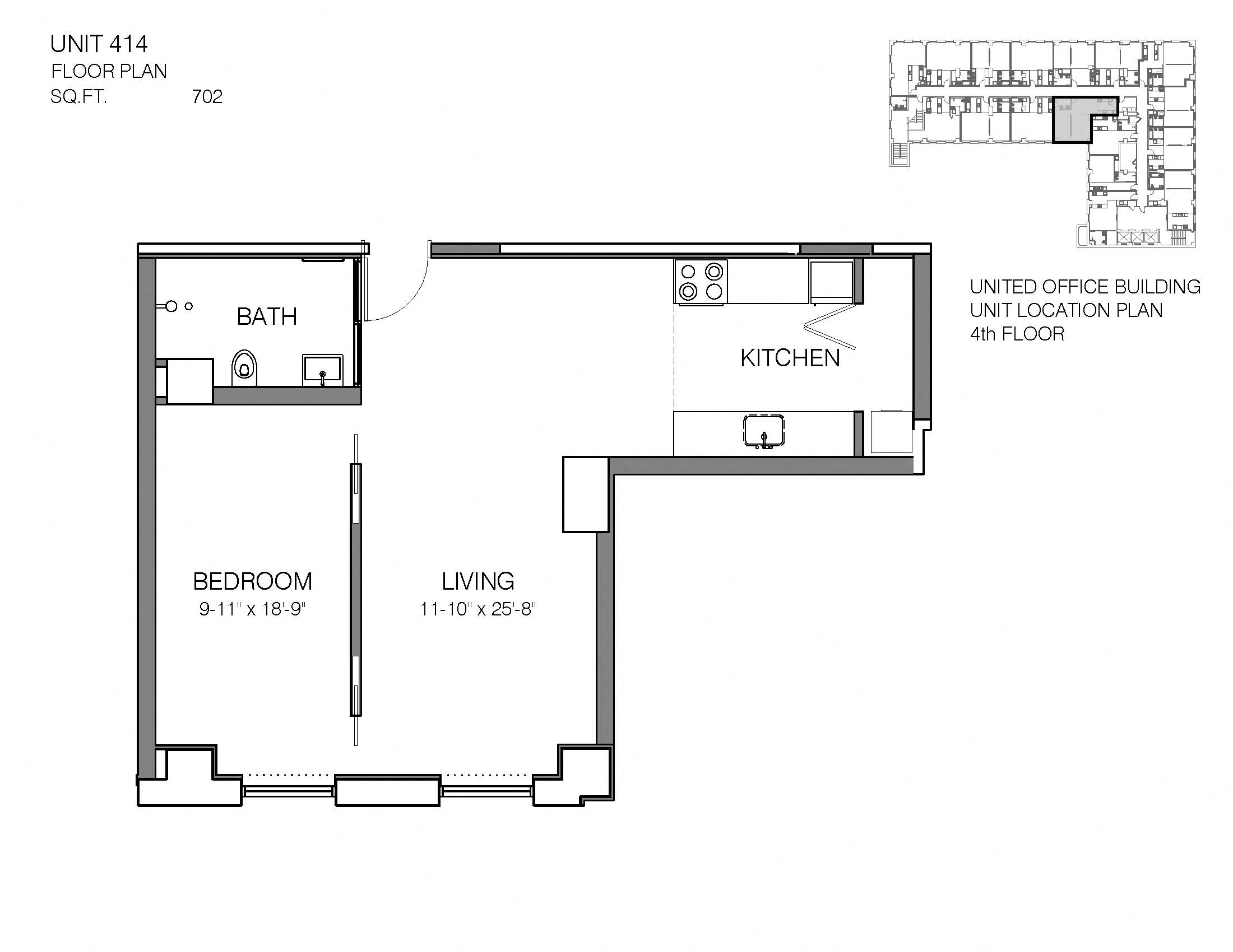 Floor plan for 1 bed, 1 bath, 702 sqft